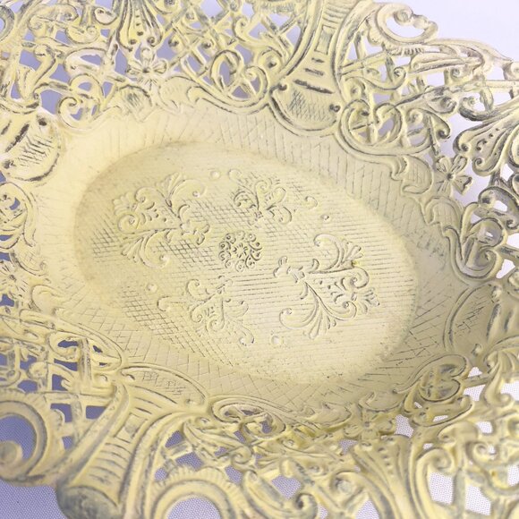 Italian Ornate Vintage Metal Dish Lemon Yellow Marked Italy C.T. 7  Floral Scrol - Picture 7 of 10